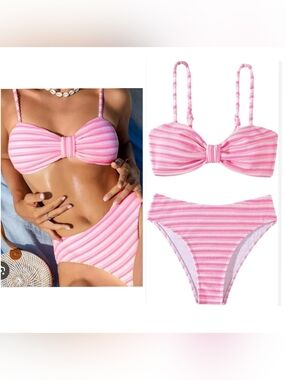 NEW! Two Piece Ribbed Stripe Pink & White Terry Bikini Set Medium